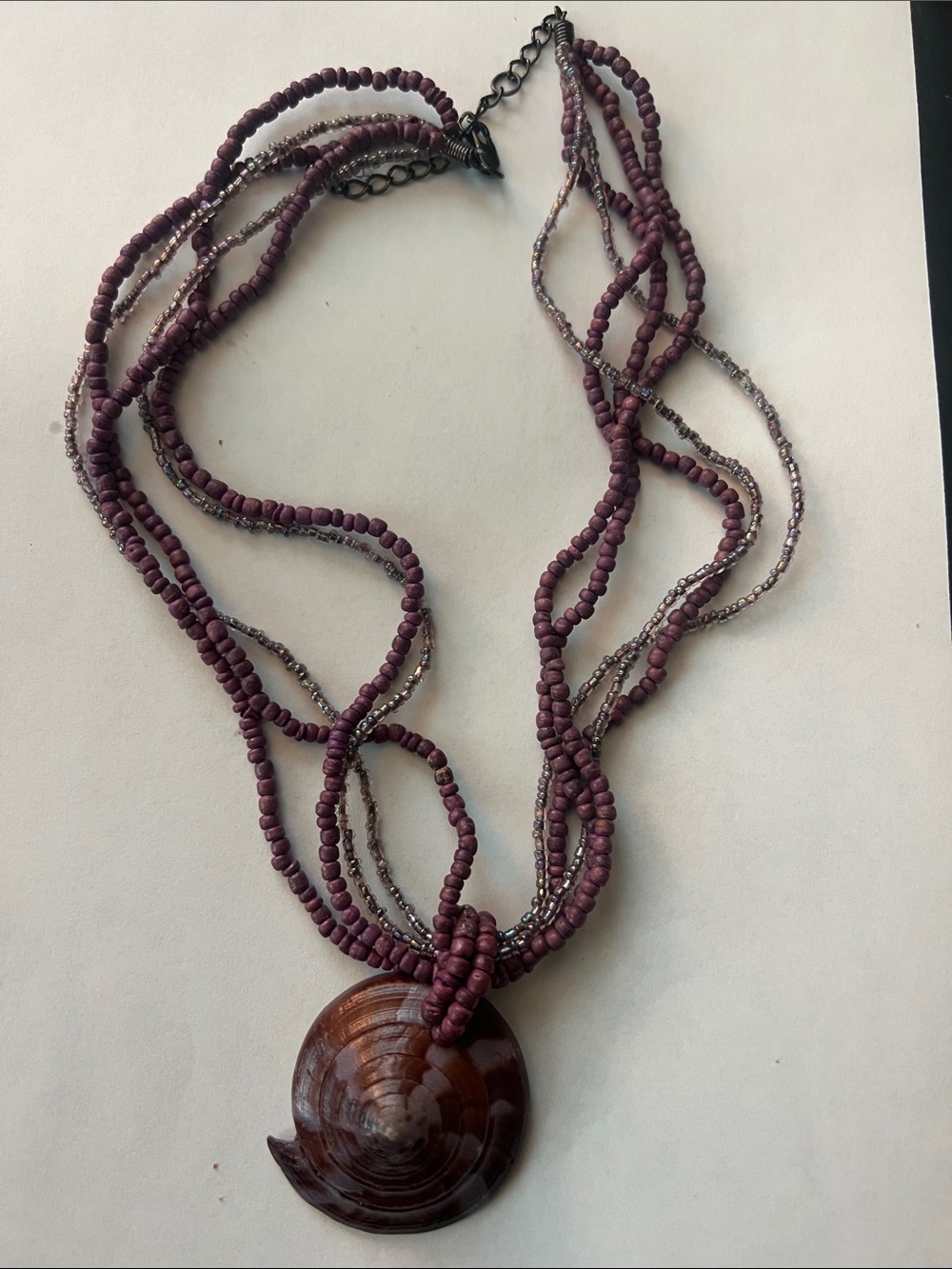 Beaded Purple Multi-Strand Necklace with Shell Pendant 21 inches in length